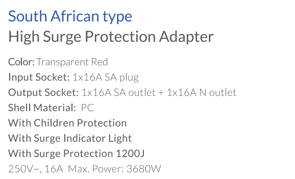 South African type High Surge Protection Adapter