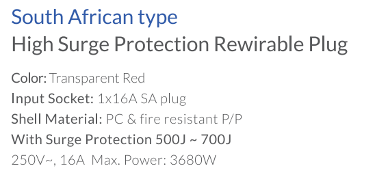 South African type High Surge Protection Rewirable Plug