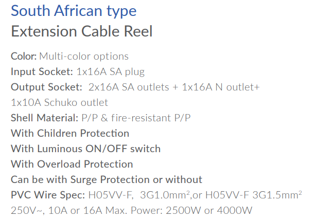 South African type Extension Cable Reel